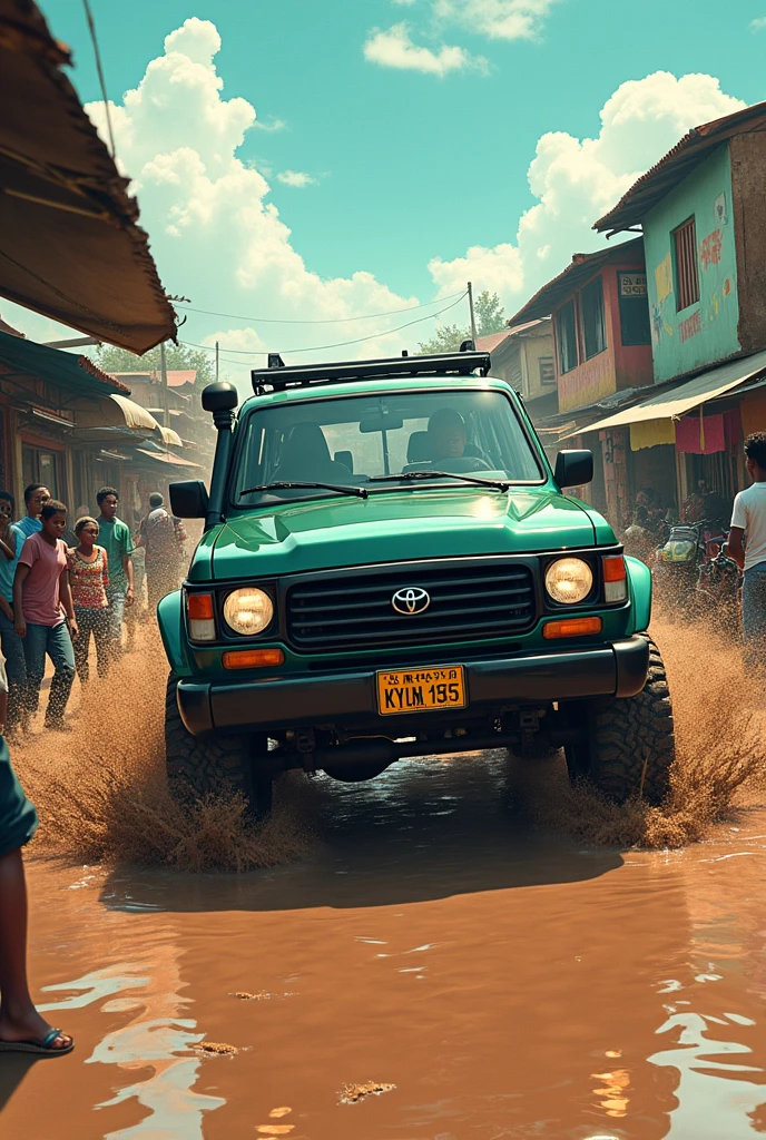 cinematic anime of modified dark green 1994 toyota landcruiser VX rushing through the muddy busy food market streets of Kampala city