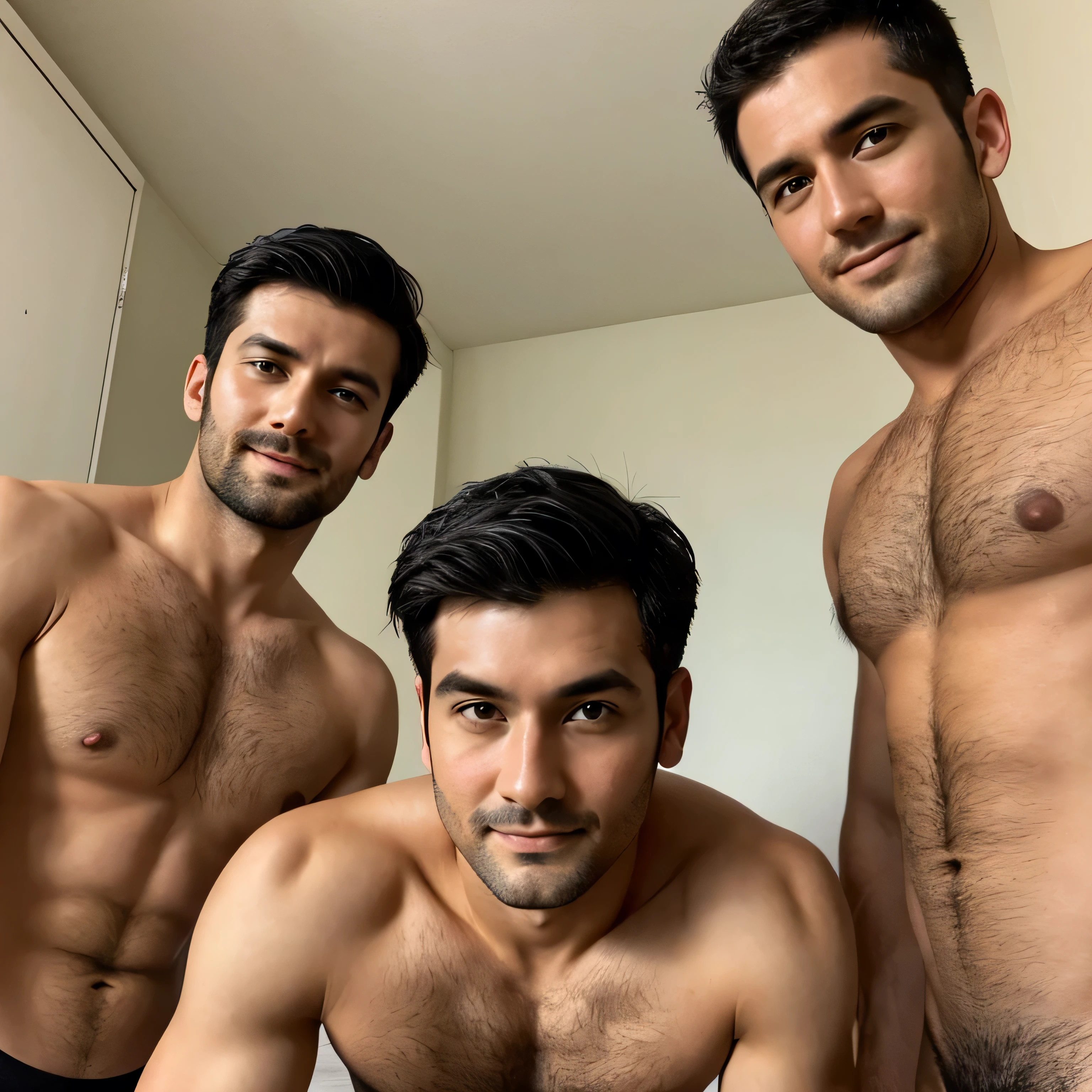 30 years old,Three Men,Tall handsome man、Black Briefs、Topless、Bedroom、squat ,Black Hair、Very short hair、undercut、Faces of Japan smile、Seen from below chest hair、Upper body close-up