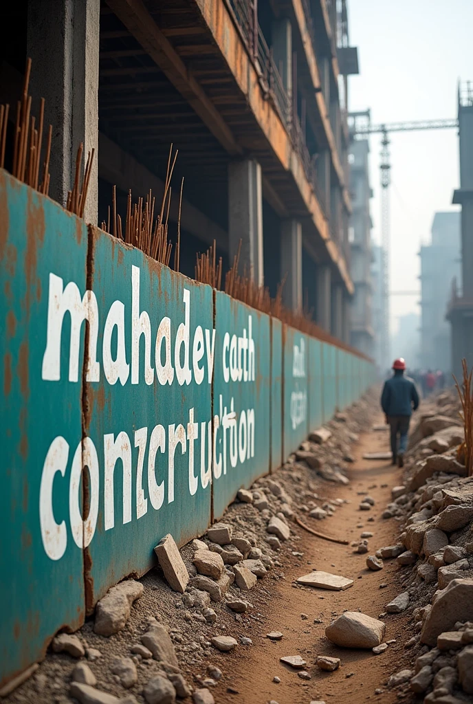 Make a photo in which "Mahadev Construction" "Satish Rathod" is written on the wall