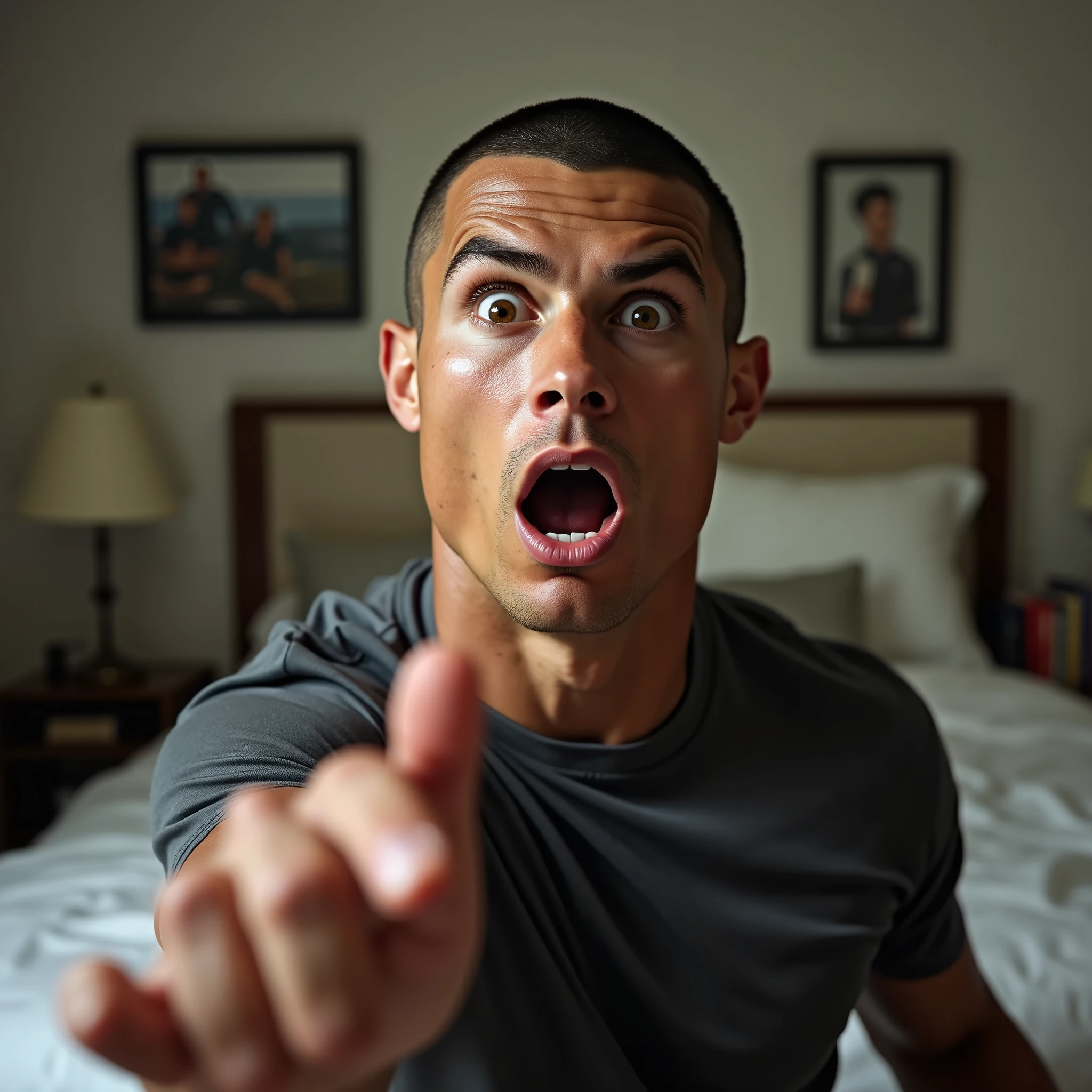 The image is a close-up of Cristiano Ronaldo face. He is bald and wearing a black hoodie. He has a surprised expression on his face and his eyes are wide open. His mouth is slightly open and his hand is stretched out in front of him, as if he is making a stop gesture. In the background, there is a bedroom with a bed, a bookshelf, and a lamp. There are also three framed pictures hanging on the wall.