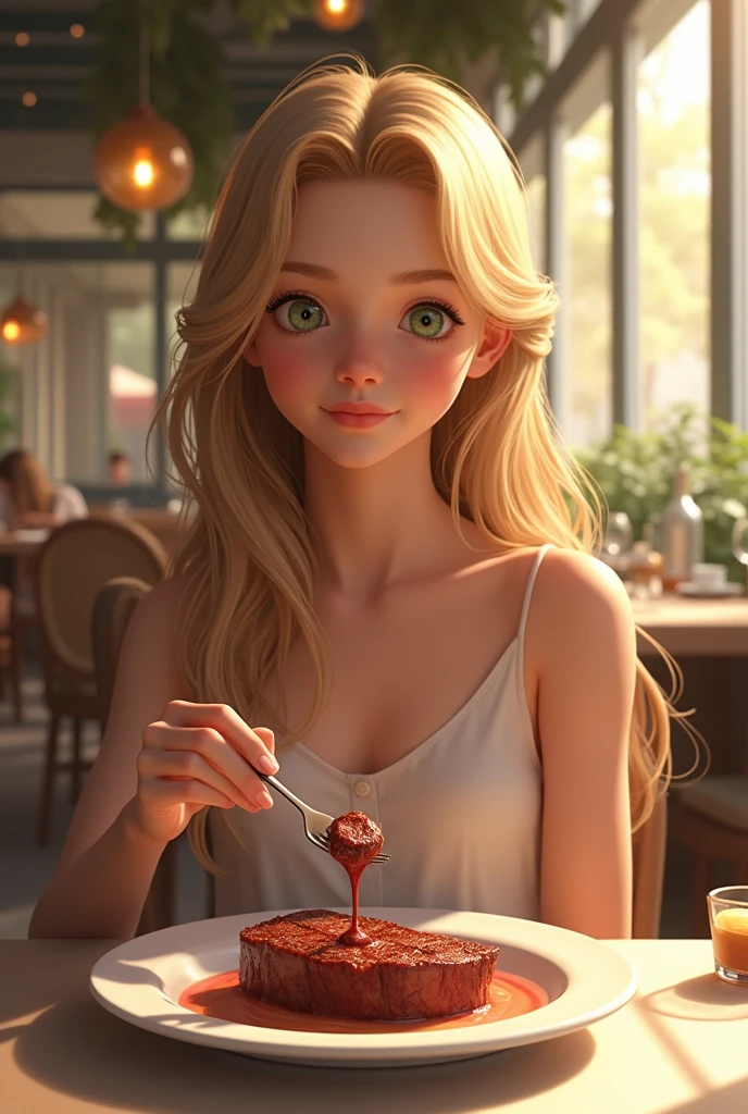 (photorealism:1.2) Fille adolescente de 15 ans , cheveux blond long . Hanche souple, yeux vert, léger sourir , restaurant, robe d'été, ombre détaillée, soleil, fourchette dans la main droite, mâchoire ronde, blonde blonde blonde, visage d'enfant, bouche ouverte, assiette de steak saignant