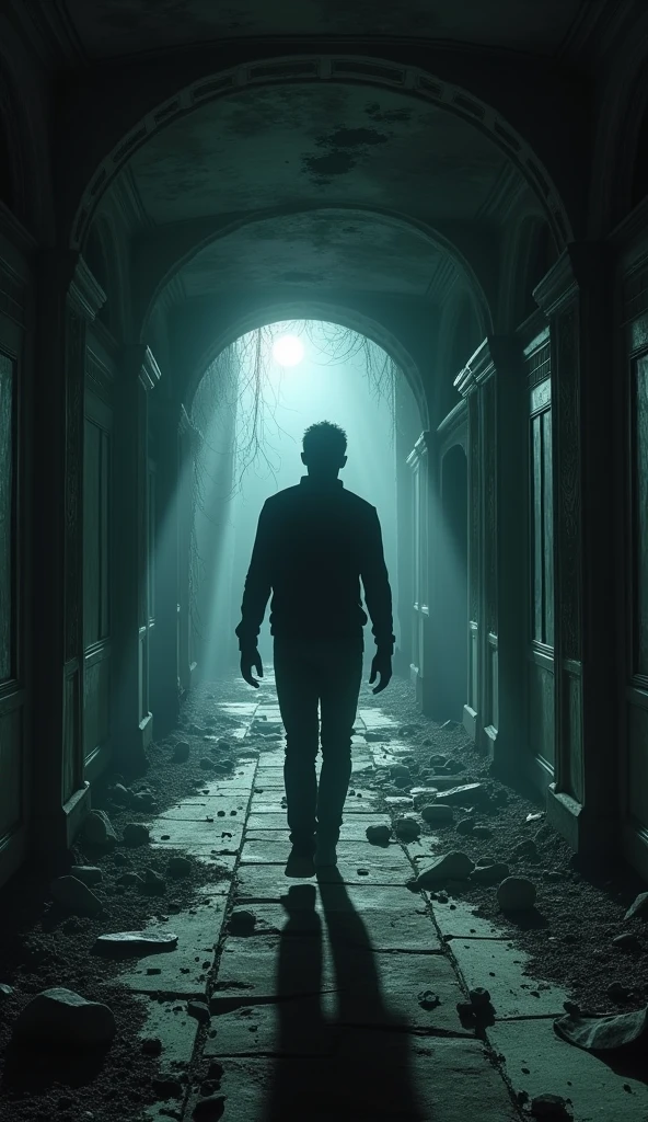Man walking in dark abandoned mansion 