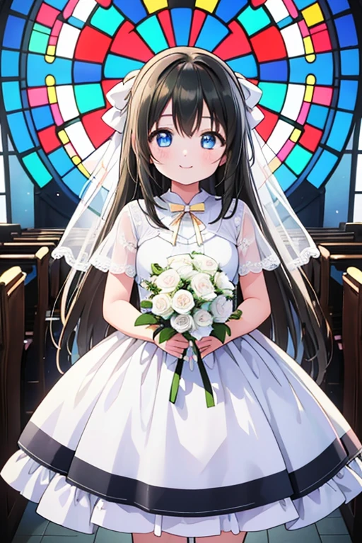 One Girl, Cowboy Shot, High resolution, smile, Highest quality, masterpiece, Black Hair，Hair Ribbon，Long Hair，Straight hair，Blue Eyes，Stained glass，church,Osaka Prefecture，Pure white wedding dress，bouquet