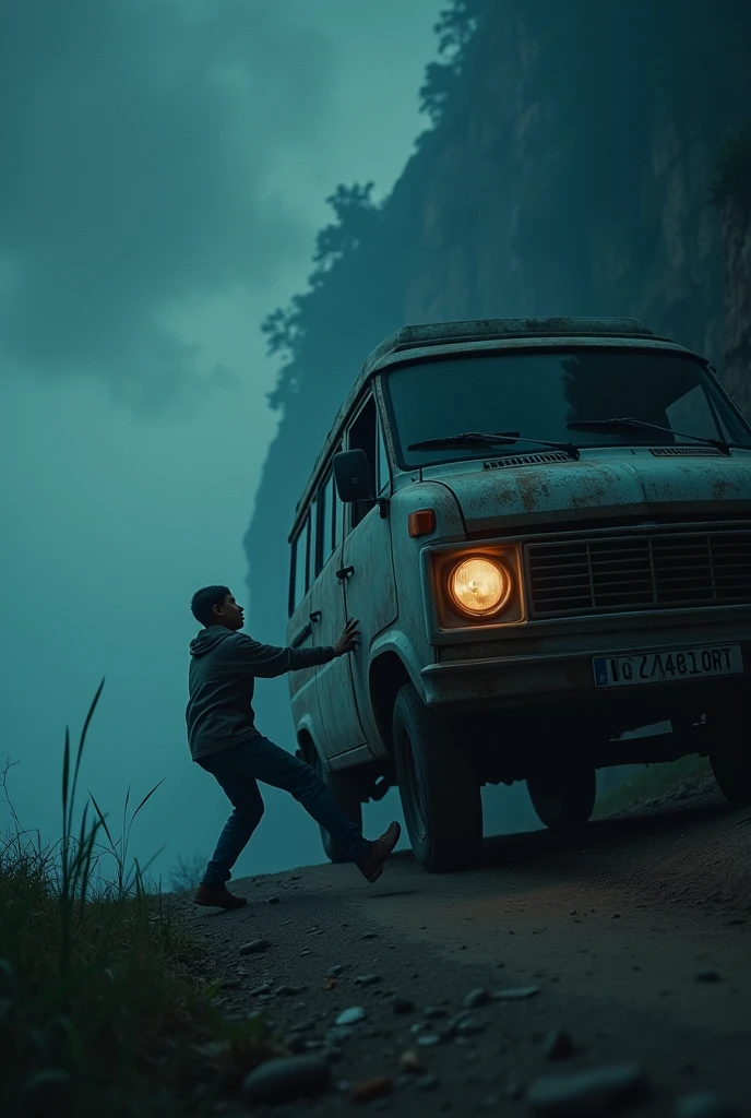cinematic, photorealistic film poster of a man pushing an old van to an edge of a cliff from behind, a boy grabbing unto the mans leg, gets dragged, late night, foggy, fear, Kalimpong Outskirts