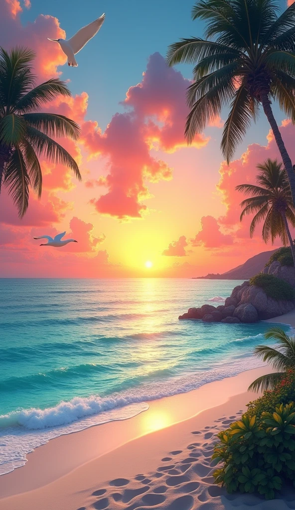 An absolutely mesmerizing sunset over the beach, with a blend of oranges, pinks, and yellows filling the sky. Crystal-clear waters of the sea gently kissing the shore, with sandy white beach stretching far and wide. The scene is dynamic and breathtaking, with seagulls soaring high in the sky and gently swaying palm trees. Take in the calming atmosphere and let the peacefulness wash over you.