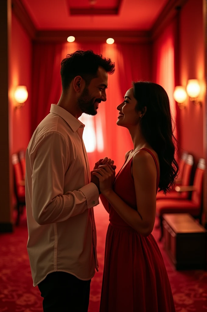 Photography of an Indonesian couple with a man holding his girlfriend's while smiling. The background is a very aesthetic, luxurious red room complete with five-star hotel facilities.haypernaturalistic quality K65SUPER HD ultra shot sigma85 cannon on skin real details full body looks real , red atmosphere 