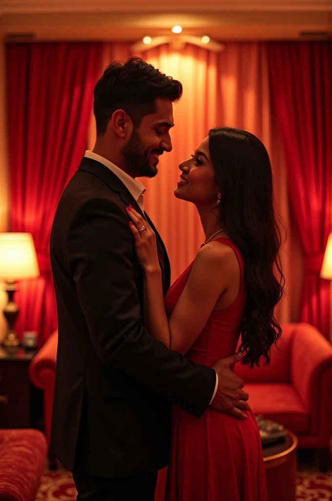 A couple standing together in a room, with the Woman wearing a hot, stylish dress and the Man dressed to complement her, making them look like a matching couple. In the background, the names 'Aman' and 'Anam' are clearly and fully displayed in bold, elegant letters, seamlessly integrated into the room’s design, creating a cohesive and intimate 3D scene