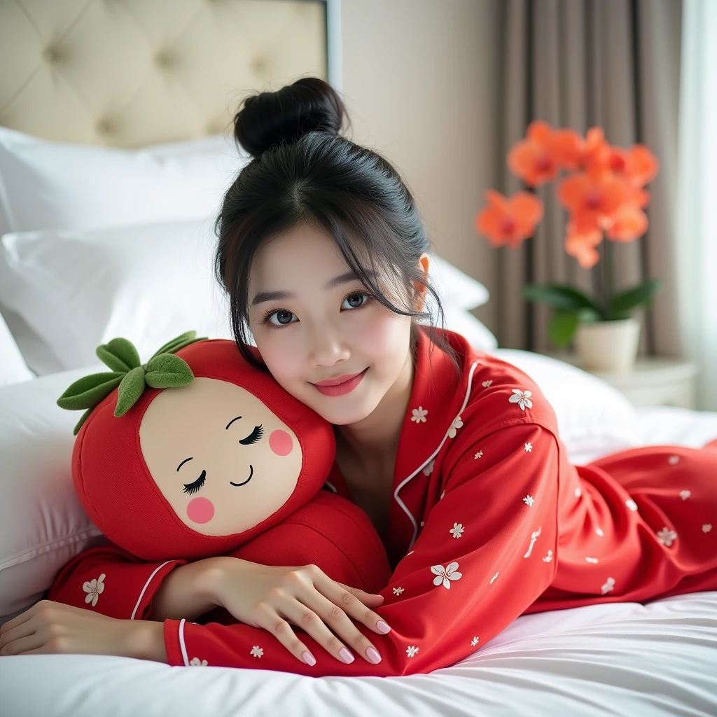Beautiful Korean Women , smooth white skin, well-groomed face,black hair, bun up Korean style, wearing long red pajamas , Santi name motif,posing lying on a luxurious bed, pillow,roll, Strawberry fruit shape, eyes looking at camera,smiled faintly, while hugging a strawberry doll, ,bright white room color, Background, very luxurious room, AC, orange red orchid flower.Realistic original photo,
