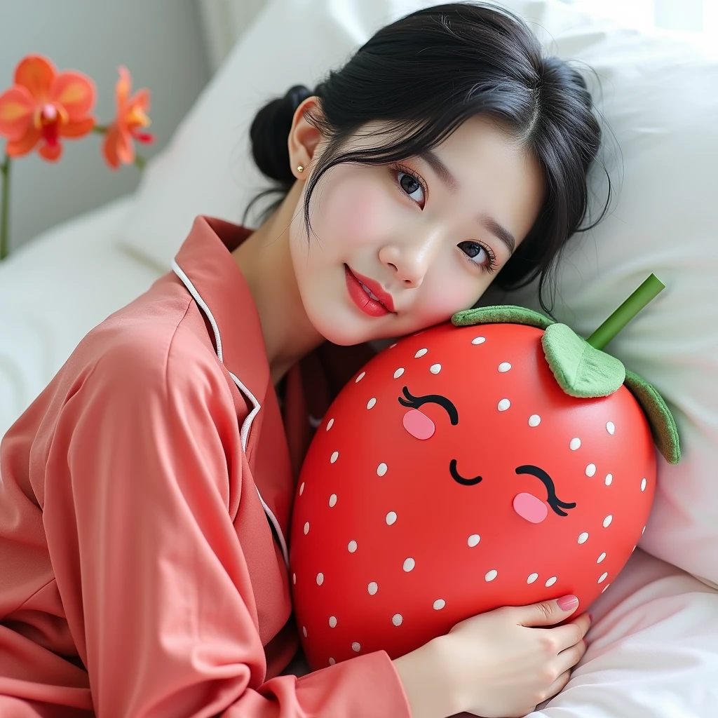 Beautiful Korean Women , smooth white skin, well-groomed face,black hair, bun up Korean style, wearing long red pajamas , Santi name motif,posing lying on a luxurious bed, pillow,roll, Strawberry fruit shape, eyes looking at camera,smiled faintly, while hugging a strawberry doll, ,bright white room color, Background, very luxurious room, AC, orange red orchid flower.Realistic original photo,