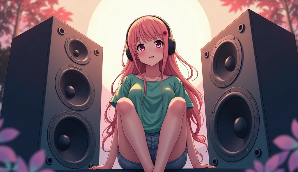 Anime lady wearing green shirt and grey shorts, wearing headphones sitting down on big speakers