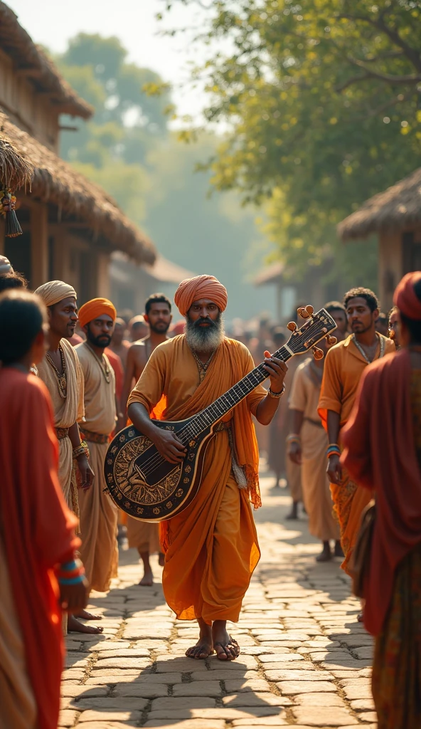 famous santoor musician**, dressed in traditional attire, arriving at the village, carrying a beautifully decorated santoor on his back, greeted by the villagers.