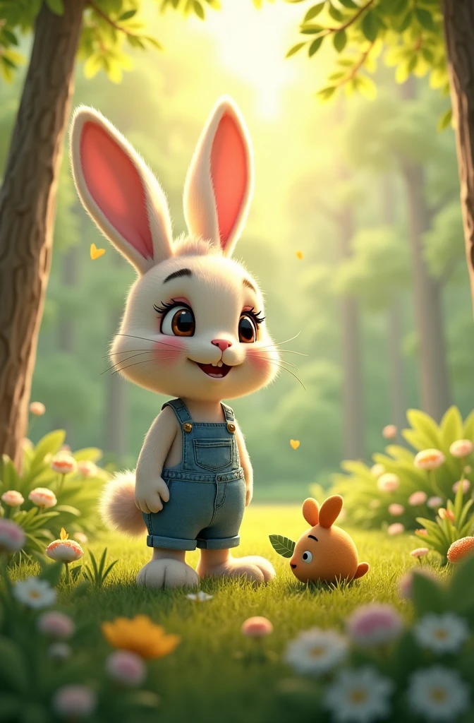 An anthropomorphic bunny wearing blue overalls, standing under a large, lush tree, smiling and looking up; the tree is tall and full, with sunlight filtering through the leaves, creating a warm and content atmosphere.