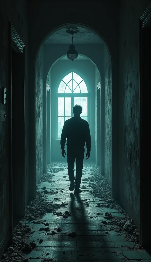 Man walking in dark abandoned mansion