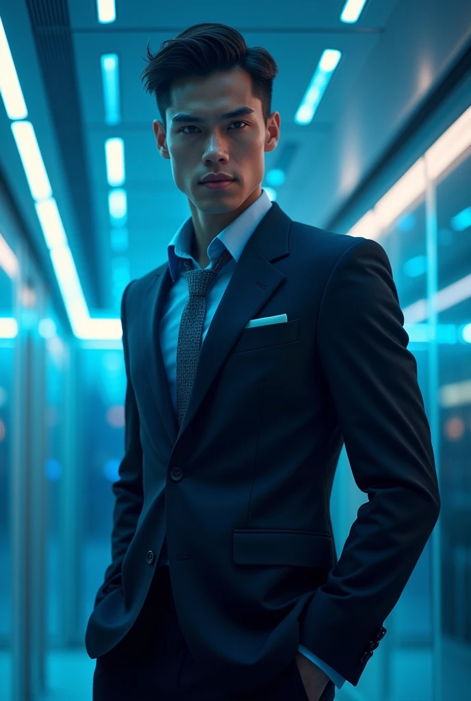 Young Ceo who is very powerful rude but loving and caring with some blue and shiny effect