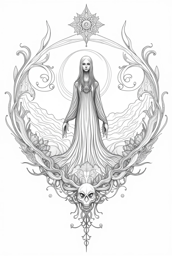 Adult coloring sheet detailed etheral style, only black outlines