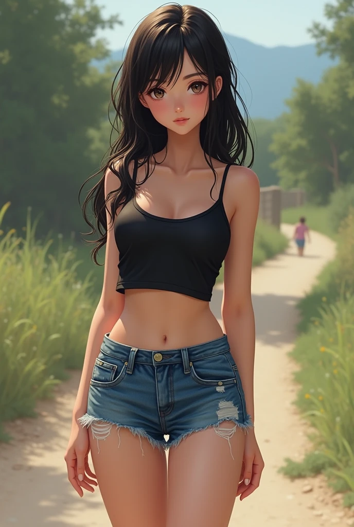 Black haired girl, skinny girl with thick thighs wearing short denim shorts and a black top (realisitic)