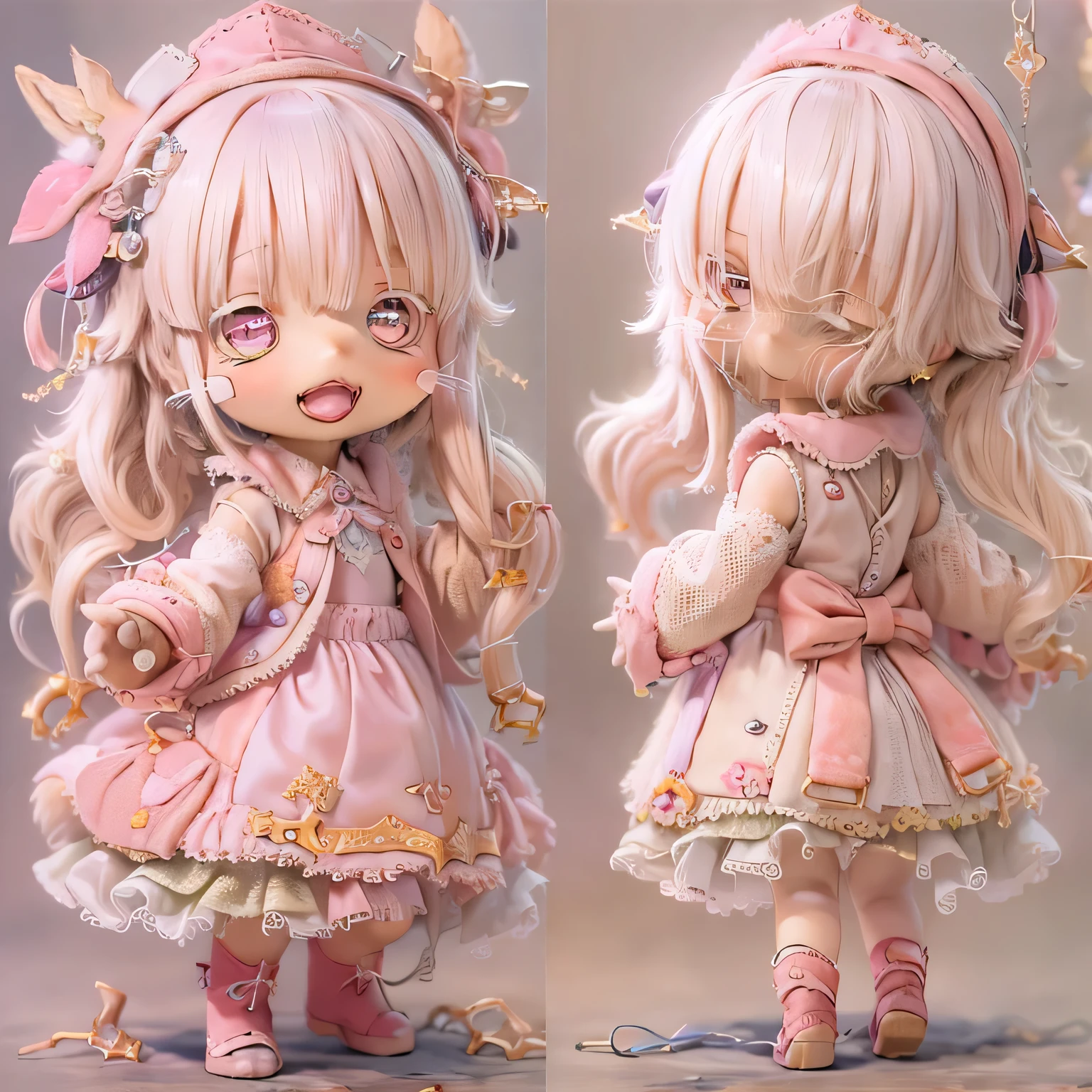 in the garden, smile, Similar to Nanachi from Made in Abyss. She is beautiful, Beautiful eyes and lips.  (((Chibi Style,))) . Image quality is excellent, Highly detailed and realistic features. The medium of this work is、Combining illustration and photorealistic rendering.. The colors are vivid、The lighting creates a warm and bright atmosphere。 whole body(((((Cute pink dress)))))Contrasting cute poses