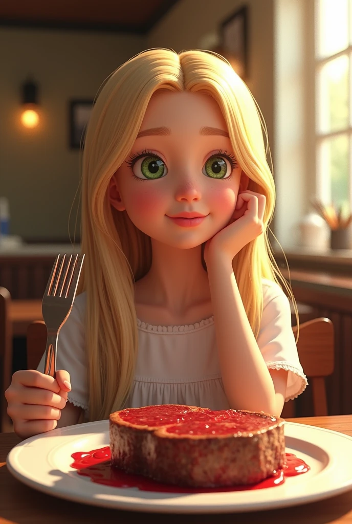 (photorealism:1.2) Fille adolescente de 15 ans , cheveux blond long . Hanche souple, yeux vert, léger sourir , restaurant, robe d'été, ombre détaillée, soleil, fourchette dans la main droite, mâchoire ronde, blonde blonde blonde, visage d'enfant, bouche ouverte, assiette de steak saignant, realisme