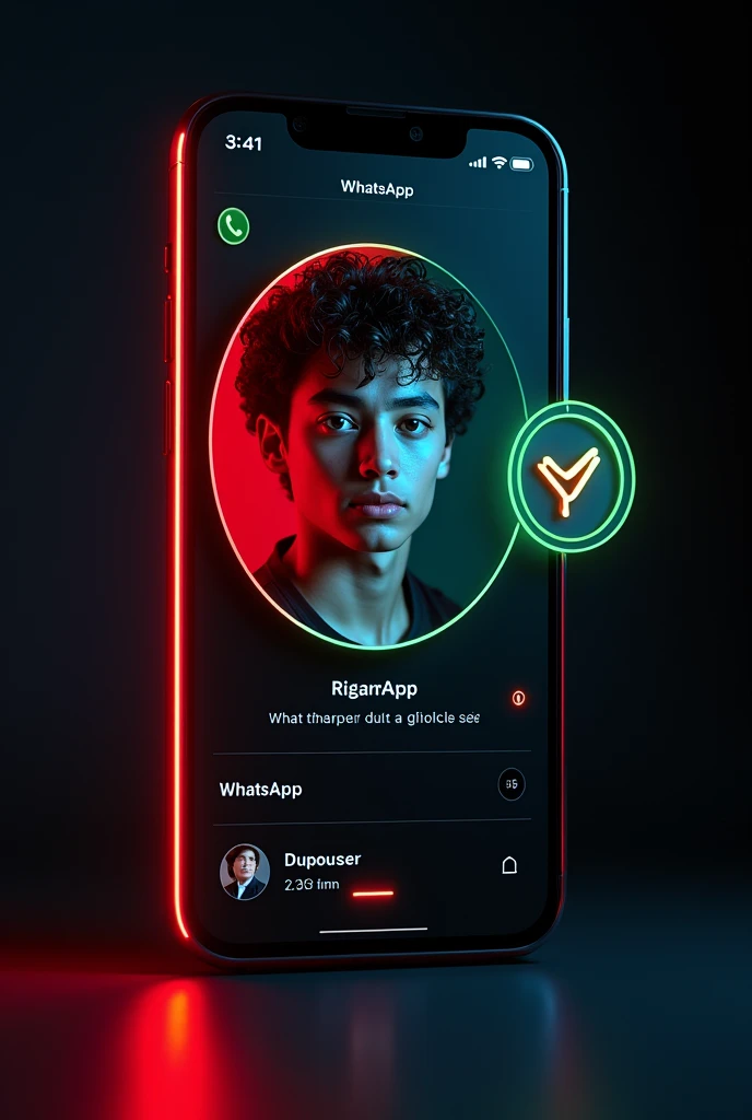 A digital card displaying a WhatsApp with a similar design to the provided the reference image.The card should feature a young person's portrait a circular frame on the left side, with the WhatsApp 3d logo and the text your WhatsApp name Akshay and your followers on the right side.The card should have a neon red outline and a dark background, similar to the reference image.