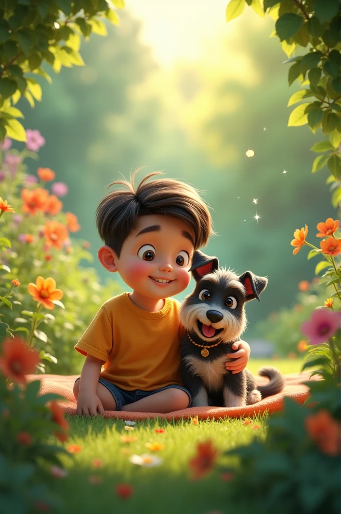 is a smiling human boy, with your faithful friend, Bolt, the schnauzer cat, lying in the garden