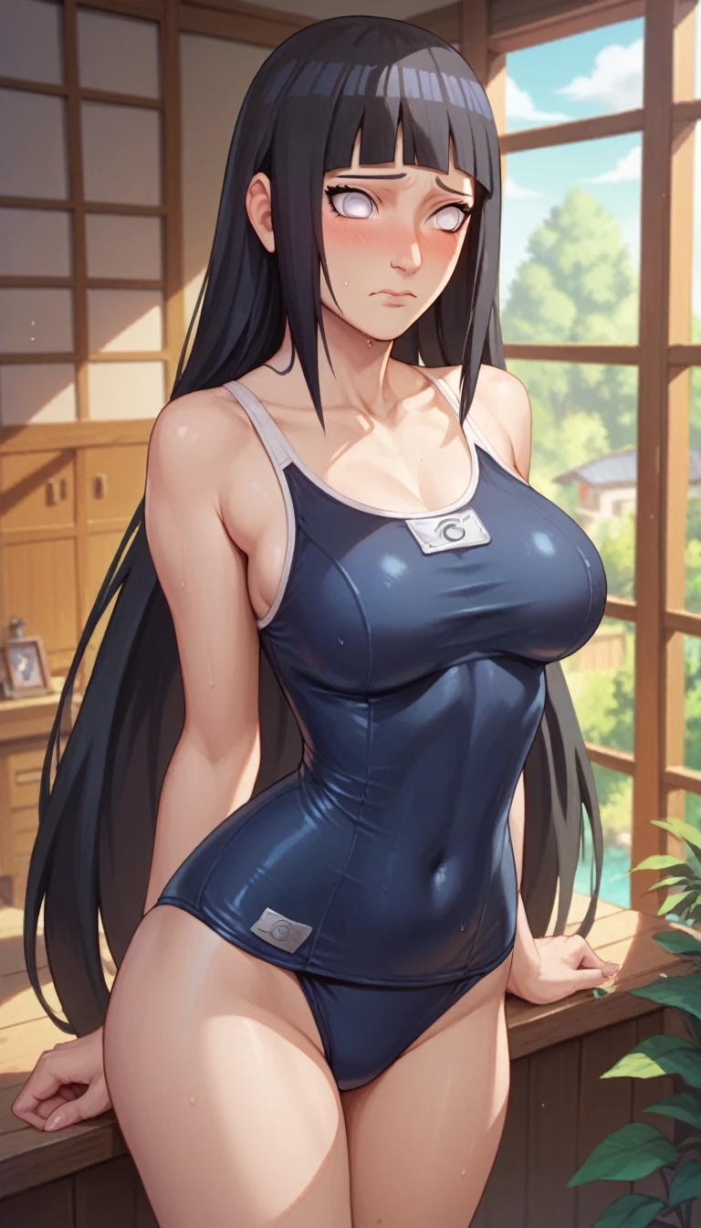 ((masterpiece)),((Beautiful and detailed drawing)),naruto,hinata,Big Breasts,Black Hair Semi-Long,White eye,School Swimsuit,Embarrassed expression,front,Bedroom,