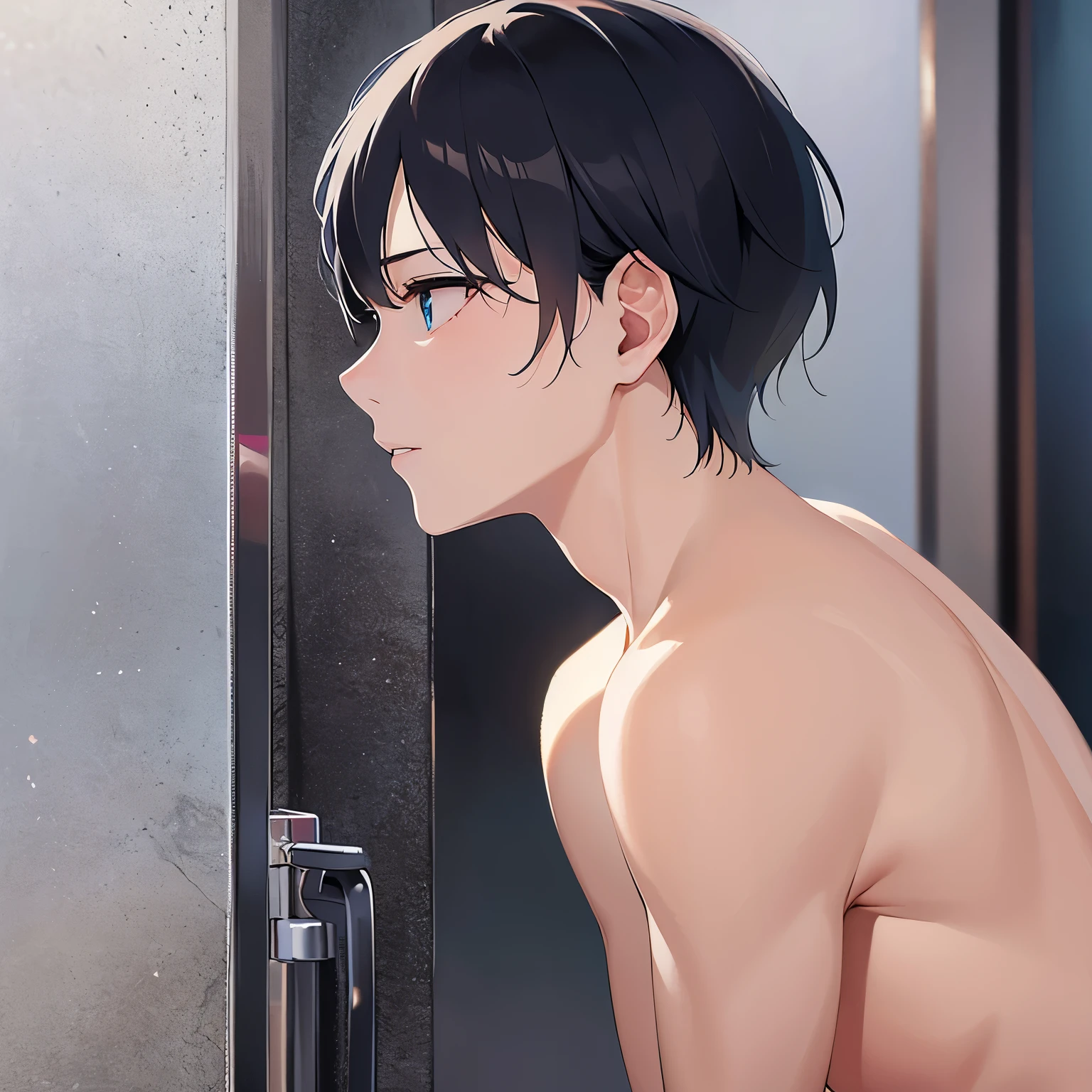 Anime Asian boy in thong, showering ,two girlsback view