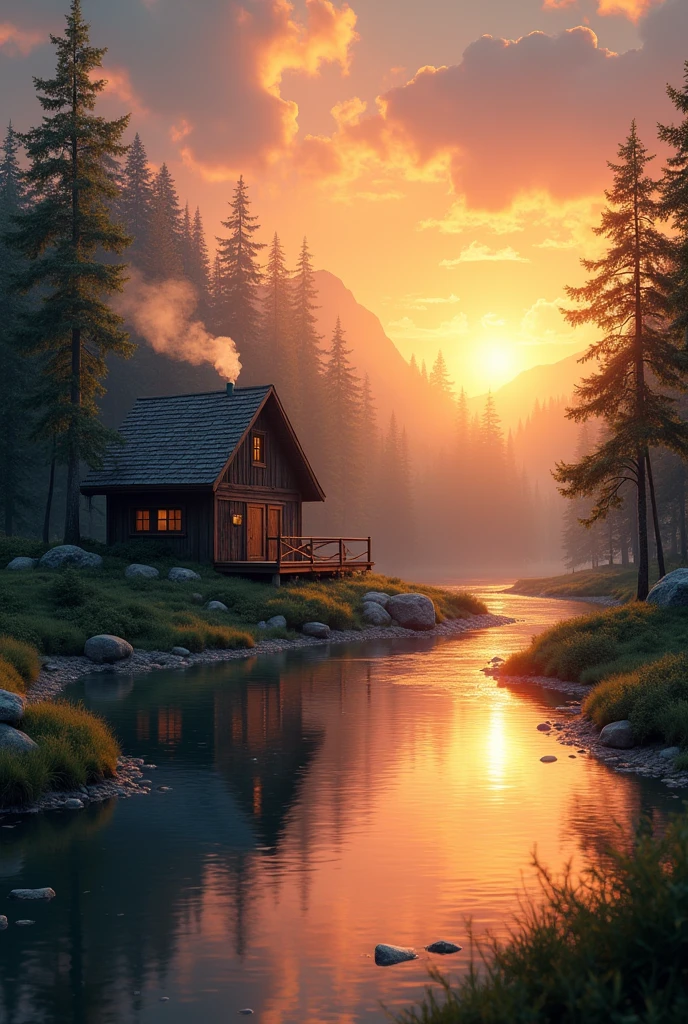 Scenery of a camp house with a river at sunset