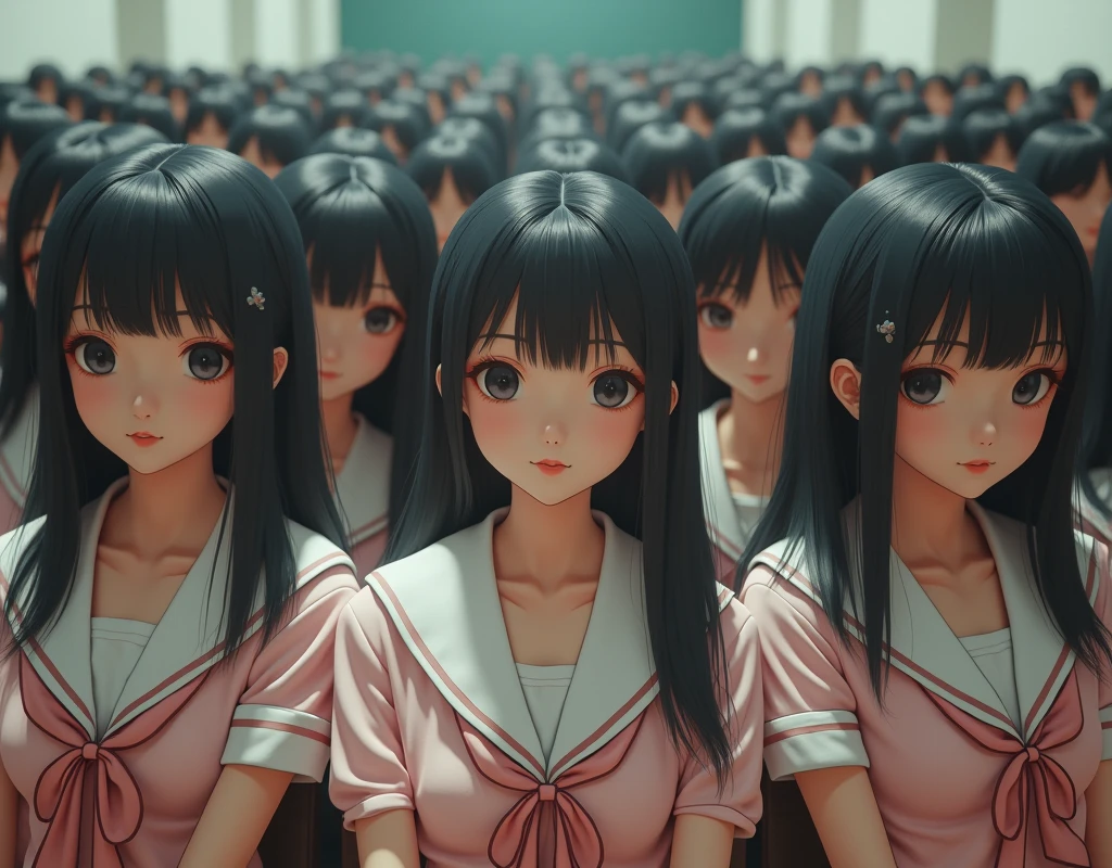 (Japanese Clone-girls=Myself), (Super Best masterpiece Clone-girls Raw Photography Art), (16K, Highest quality, Ultra-high resolution, RAW Photos), (It&#39;s so unrealistic., With unparalleled depiction, With an unfathomable sight, An unprecedented and shocking worldview, Clone-girls: In a world of mass reproduction, Ultra-realistic depiction), (Japanese girls, Hamabe-Minami, 16yo), (Small face, Black Hair, Medium Hair, Dark Eyes, Mature face, Cute Smile), (Laughing expression), (Very beautiful and detailed girl, Accurate body structure, Accurate body movements, Very detailed body), (Super big breasts, Large bulge of ample breasts), (High School Girl School Uniform, Emphasise the fullness of your breasts), (Very detailed, Myself cloning, Depiction of splitting oneself, 1Myself girl→1,000,000,000,000,000,000,000,000,000,000Myself cloning girls), (Myself clone girlsは, With the same perfect appearance, to multiply in large numbers), (Very detailed depiction, Myself&#39;s multiplying female body, In the same female body,With the same face, With the same hairstyle, In the same clothes, At the same height, 同じSuper big breastsで, A completely indistinguishable female body, 1,000,000,000,000,000,000,000,000,000,000 people), (Myself girls only), (1,000,000,000,000,000,000,000,000,000,000Myself girls), Large auditorium, Lecture, Chat with Myself, Enjoyable lessons, sit, Ultra-wide field of view, Focus on the average value of the image, Bright and easy on the eyes lighting