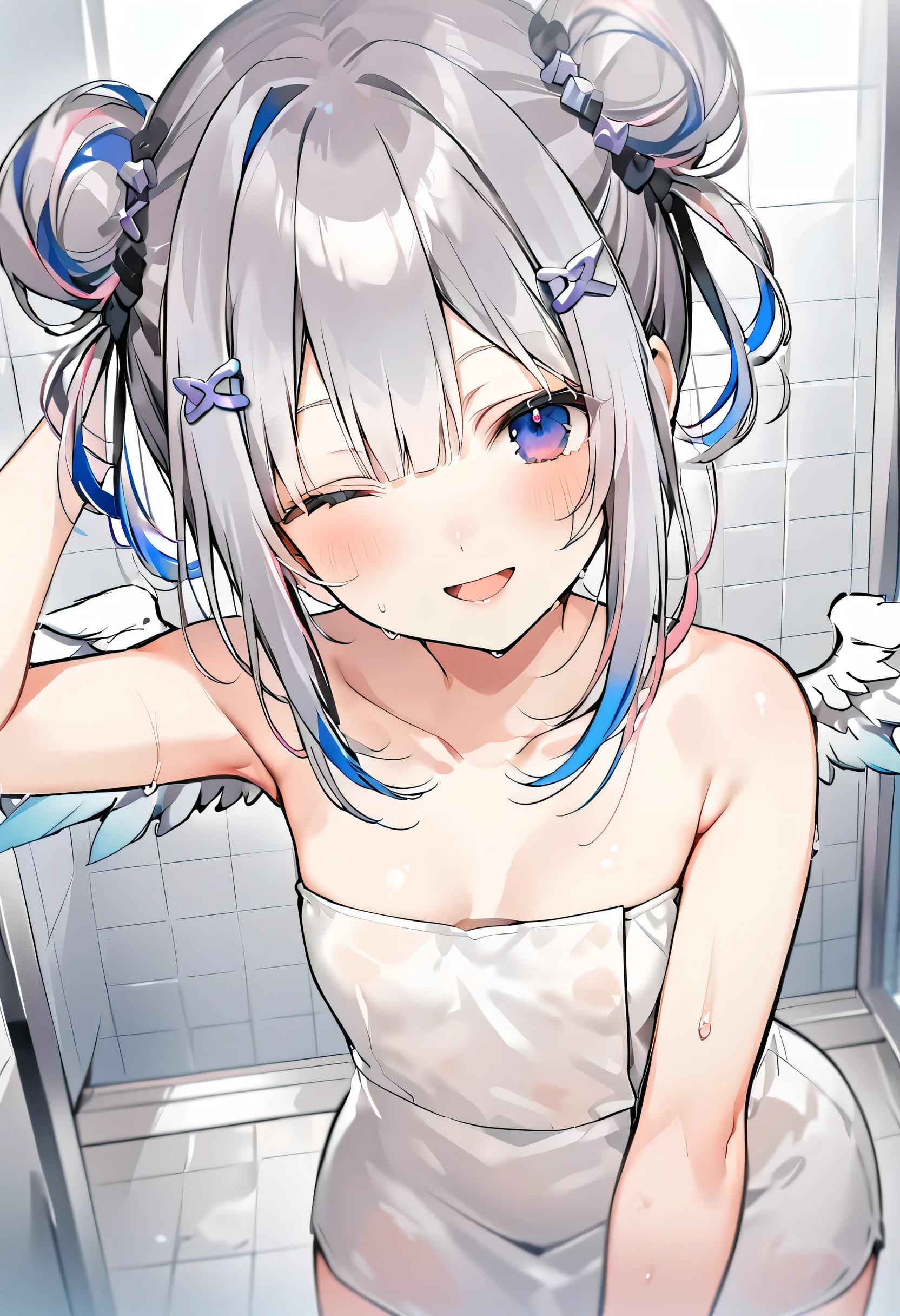 kanatan_swm,high res image,masterpiece,best quality,woman,cute face,clear skin,shiny hair,ultra detailed eyes, naked towel, towel,soap,shower,water,wet, open mouth,hair ornament,smile,angel wings,open mouth,double bun,small breasts,one eye closed,arm up