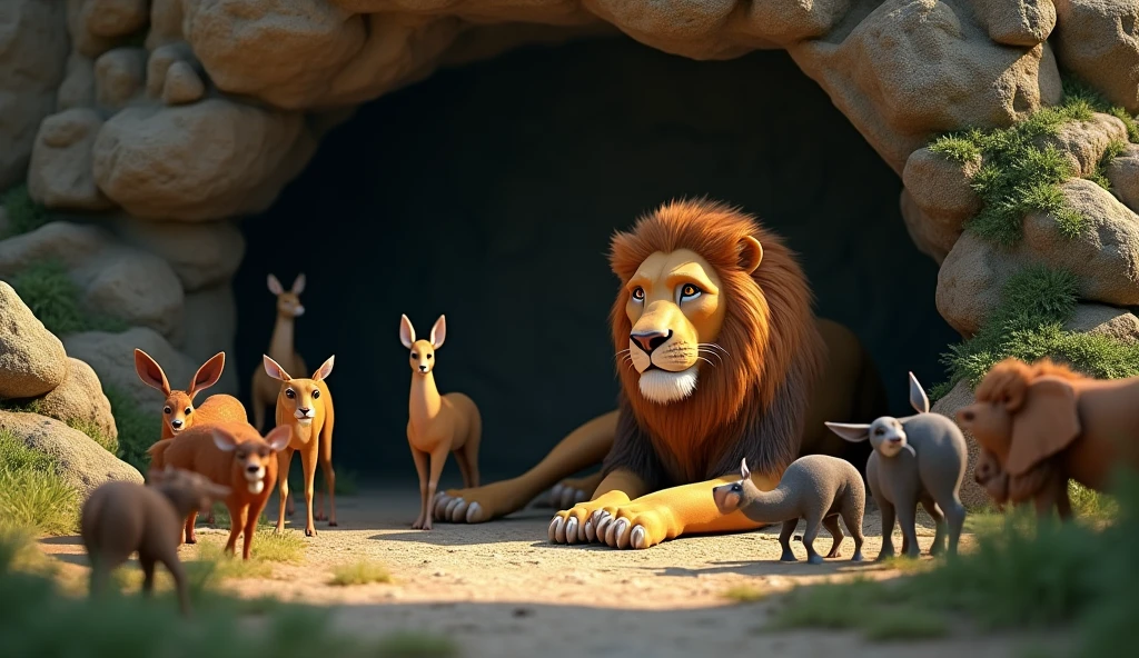 In Cinematic 3d style image " Scene 3: The Proposal to the Lion
Description: A group of animals, including the elephant and deer, approach the lion's den cautiously. The lion is shown lying down with a commanding presence, while the animals nervously present their proposal to send one animal each day as a sacrifice. The lion listens with a prideful expression, considering the idea.
Focus: The contrast between the lion’s confidence and the animals' fear