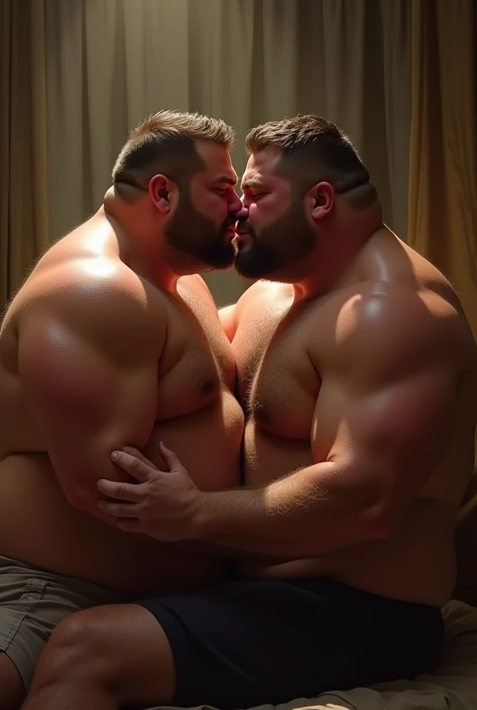 dois gordos, two chubbys muscular man, a chubby hairy man, oral sex, detailed genitals, fleshy bodies, sweaty, intimate, erotic, sensual, realistic, high quality, photorealistic, dramatic lighting, warm colors, cinematic, masterpiece
