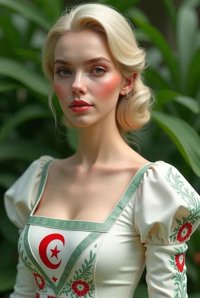 Close up, blonde, plump woman, wearing elegant white patchwork skirt dresses, with algeria flag with square collar and one step, green nature background