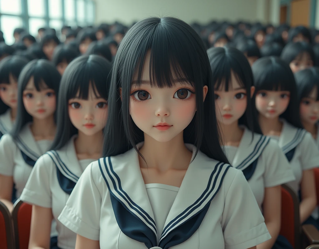 (Japanese Clone-girls=Myself), (Super Best masterpiece Clone-girls Raw Photography Art), (16K, Highest quality, Ultra-high resolution, RAW Photos), (It's so unrealistic., With unparalleled depiction, With an unfathomable sight, An unprecedented and shocking worldview, Clone-girls: In a world of mass reproduction, Ultra-realistic depiction), (Japanese girls, Hamabe-Minami, ), (Small face, Black Hair, Medium Hair, Dark Eyes, Mature face, Cute Smile), (Laughing expression), (Very beautiful and detailed girl, Accurate body structure, Accurate body movements, Very detailed body), (Super big breasts, Large bulge of ample breasts), (High School Girl School Uniform, Emphasise the fullness of your breasts), (Very detailed, Myself cloning, Depiction of splitting oneself, 1Myself girl→1,000,000,000,000,000,000,000,000,000,000Myself cloning girls), (Myself clone girlsは, With the same perfect appearance, to multiply in large numbers), (Very detailed depiction, Myself's multiplying female body, In the same female body,With the same face, With the same hairstyle, In the same clothes, At the same height, 同じSuper big breastsで, A completely indistinguishable female body, 1,000,000,000,000,000,000,000,000,000,000 people), (Myself girls only), (1,000,000,000,000,000,000,000,000,000,000Myself girls), Large auditorium, Lecture, Chat with Myself, Enjoyable lessons, sit, Ultra-wide field of view, Focus on the average value of the image, Bright and easy on the eyes lighting