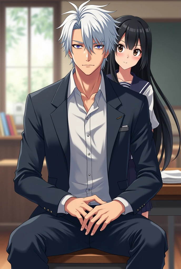 Anime guy with white hair like Hibari Nairyo, very cold, not smiling, sitting in a classroom with a cute girl with long black hair standing out, wearing a Japanese school uniform, facing the camera, black haired girl.