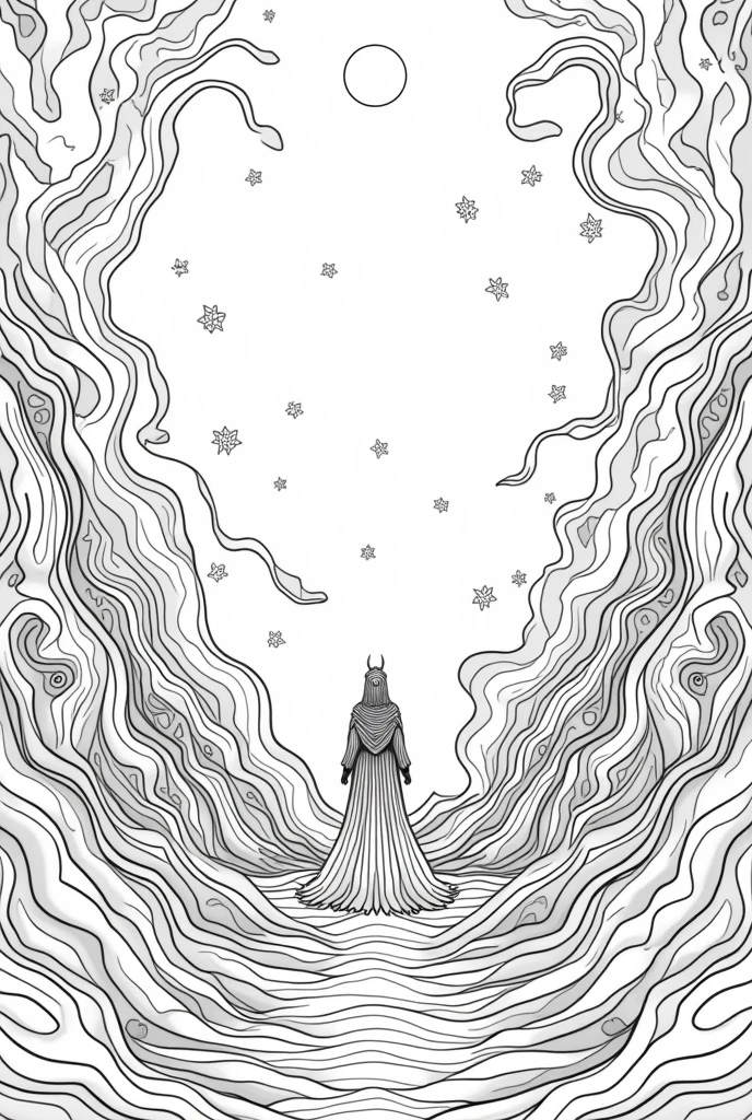 Adult coloring sheet detailed etheral style, only black outlines