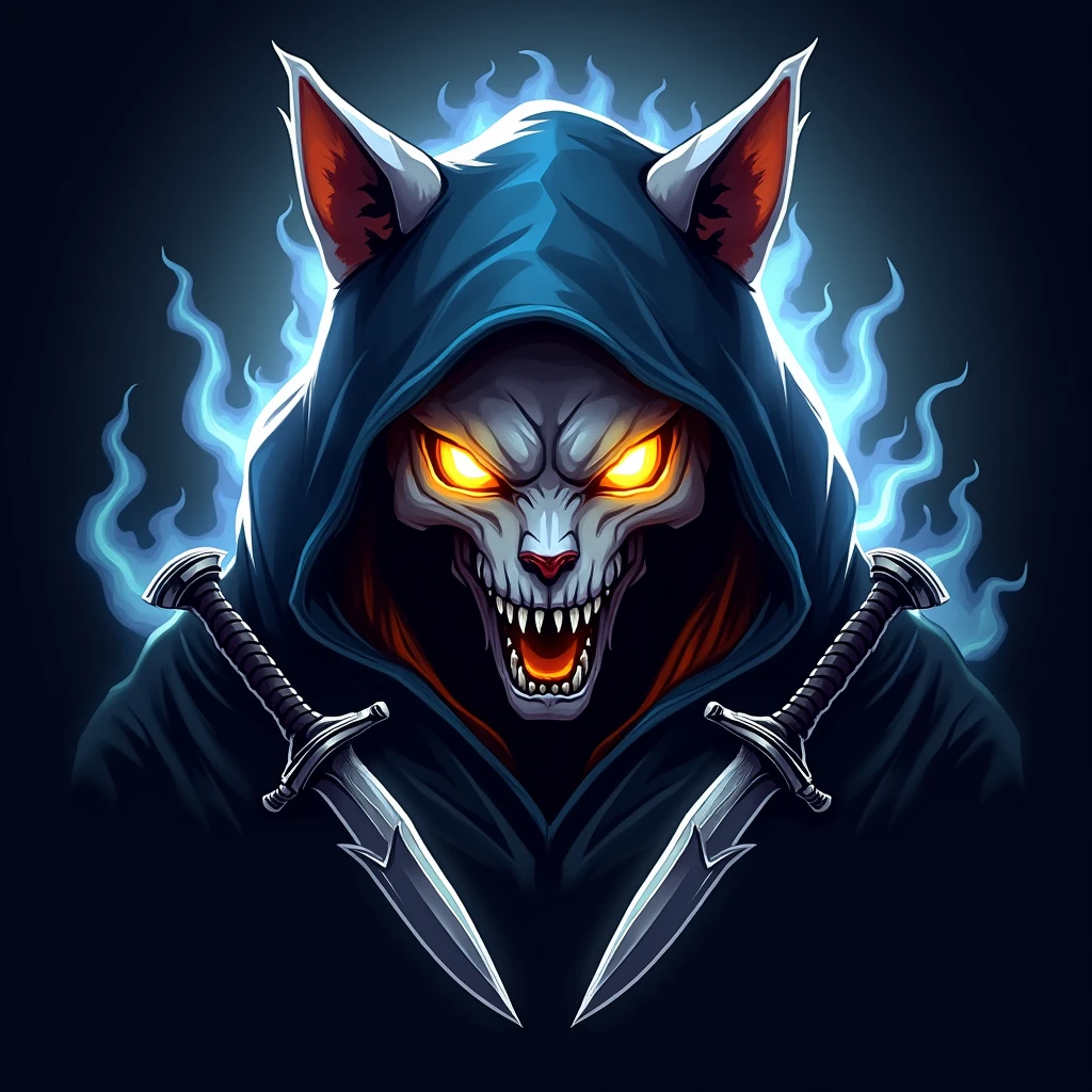 a heavily detailed dark fantasy esports logo, a menacing “CAT-skull” with glowing golden eyes and a sinister grin, shrouded in a tattered dark blue hooded cloak made of mystical flowing energy, ghostly ethereal with vibrant blue-dark highlights, two curved sharp (“crossed karambit”)((knives from CS:GO)) partially visible beneath the cloak, powerful aggressive competitive spirit, deep blues blacks vibrant gold white highlights, strong mysterious fierce identity, more detail, enhanced.