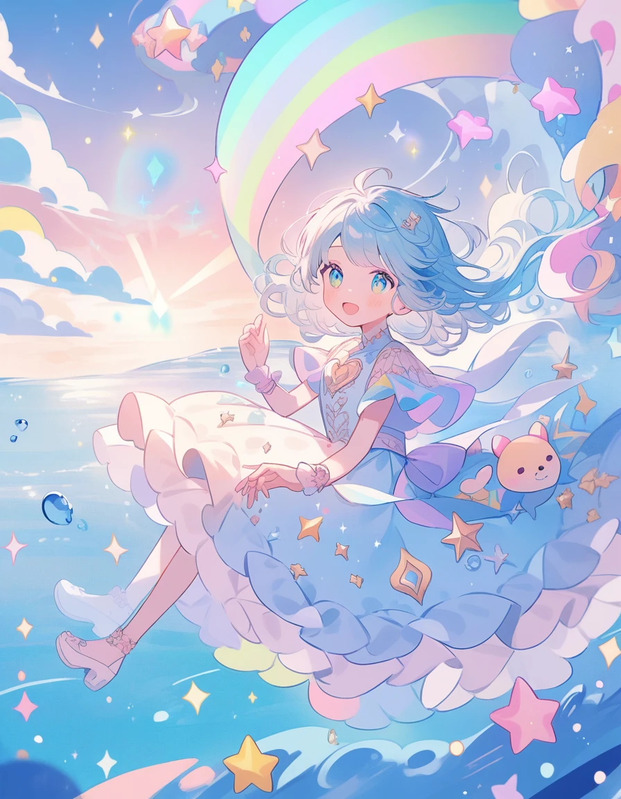 dreamily cute、 a pale、Moya、 (masterpiece、 top-quality、 top-quality、 watercolor paiting (Curly)、 The upper part of the body、 (rainbow-colored hair : 1.2) 、 Soap bubbles、 Rainbow behind、clouds、 colourfull、Soap bubbles、 Spread throughout、 kawaii、 pastels、 sweets、 Loose fluffy