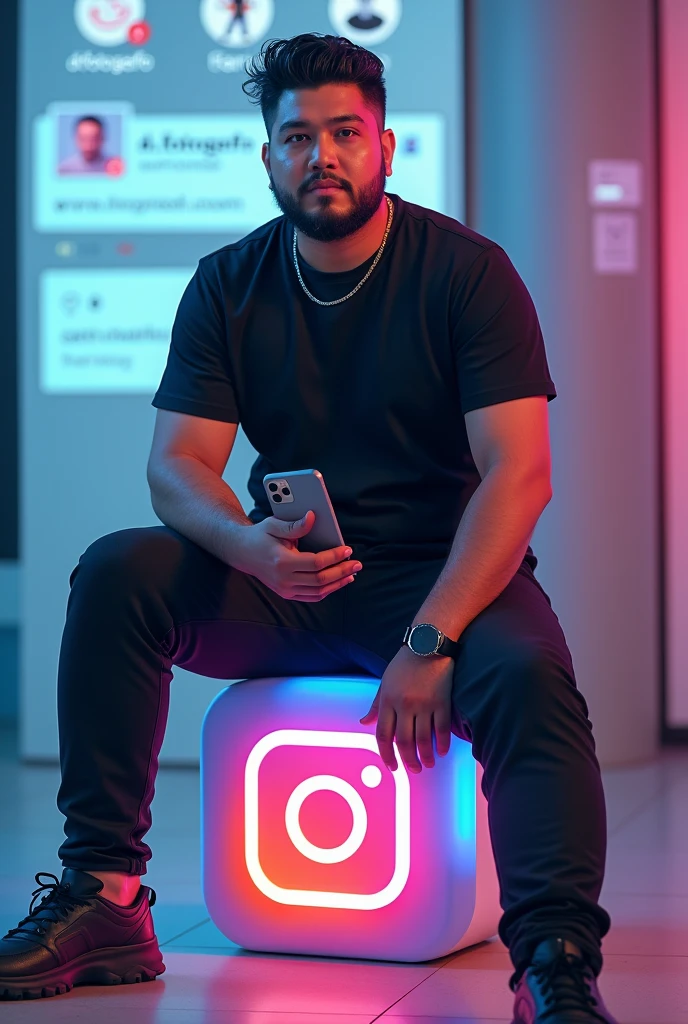 Created indonesian man with slick back hair style sitting casually on top of a social media logo "instagramart". The character must wear a black t-shirt, caBelos curtos e ondulado, darkskin, slightly slanted eyes, is a little overweight, BarBa e segurando um iPhone. The background of the image is a social media profile page with the username "d.B.fotogeafo" and a matching profile photo.