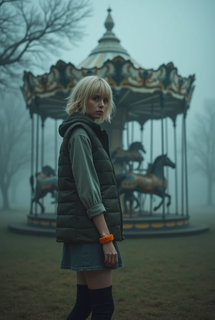 A pretty young 1 woman standing next to an eerie, vintage carousel in a foggy park. The scene is enveloped in thick mist, creating a haunting atmosphere, with soft and diffuse lighting that enhances the mysterious vibe. She has short blonde hair with side-swept bangs, fair skin, and expressive eyes that reflect a mix of curiosity and discomfort. She is wearing a puffer vest over a blouse, a short skirt, and thigh-high boots, with an orange bracelet adding a splash of color. The setting is eerie and mysterious, characterized by soft, diffuse lighting that enhances the spooky atmosphere.The composition employs a shallow depth of field, captured with a Nikon Z7 II camera using a 50mm lens, ensuring detailed textures clothing and the carousel while maintaining a dreamlike quality."