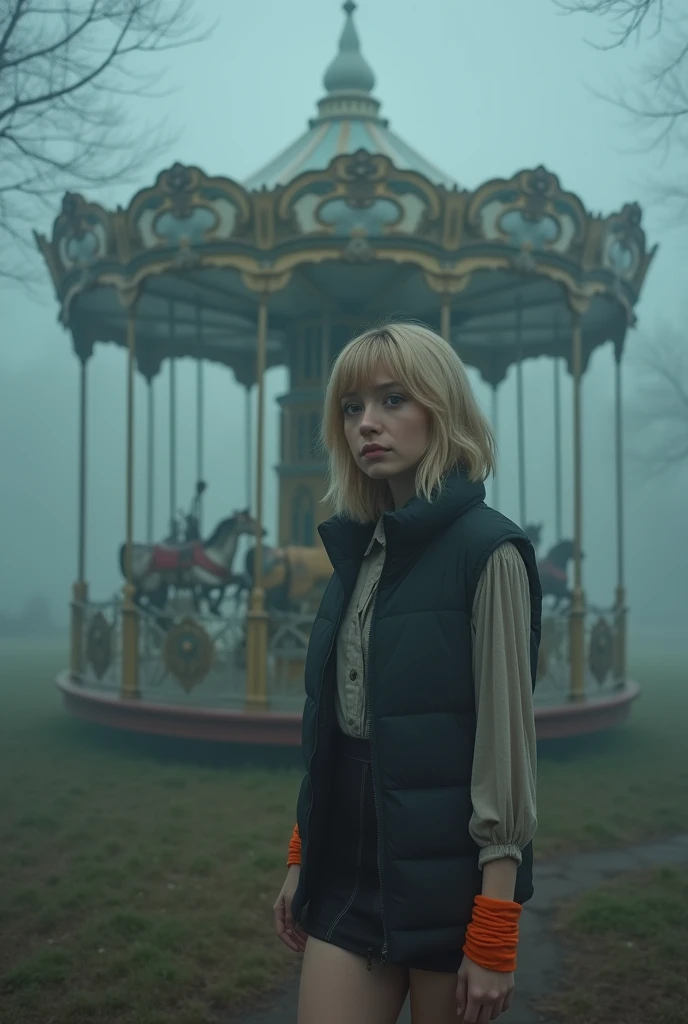 A pretty young 1 woman standing next to an eerie, vintage carousel in a foggy park. The scene is enveloped in thick mist, creating a haunting atmosphere, with soft and diffuse lighting that enhances the mysterious vibe. She has short blonde hair with side-swept bangs, fair skin, and expressive eyes that reflect a mix of curiosity and discomfort. She is wearing a puffer vest over a blouse, a short skirt, and thigh-high boots, with an orange bracelet adding a splash of color. The setting is eerie and mysterious, characterized by soft, diffuse lighting that enhances the spooky atmosphere.The composition employs a shallow depth of field, captured with a Nikon Z7 II camera using a 50mm lens, ensuring detailed textures clothing and the carousel while maintaining a dreamlike quality."
