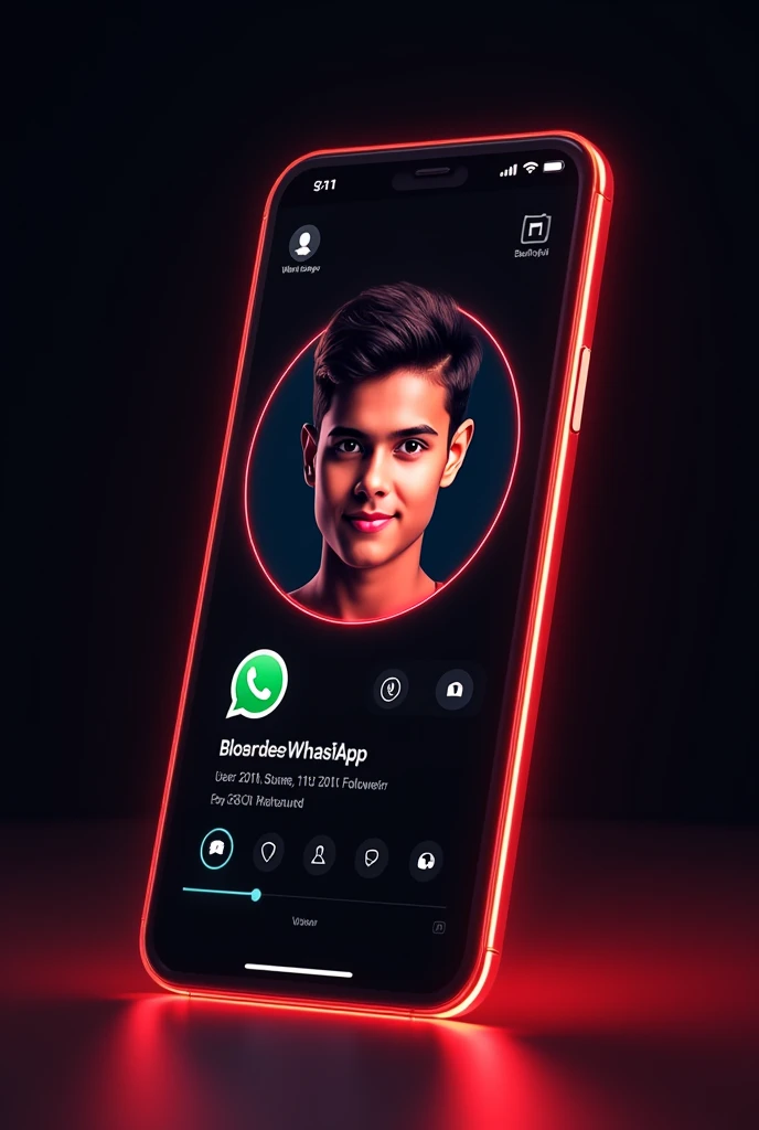 A digital card displaying a WhatsApp with a similar design to the provided the reference image.The card should feature a young person's portrait a circular frame on the left side, with the WhatsApp 3d logo and the text your WhatsApp name Akshay and your followers on the right side.The card should have a neon red outline and a dark background, similar to the reference image.


