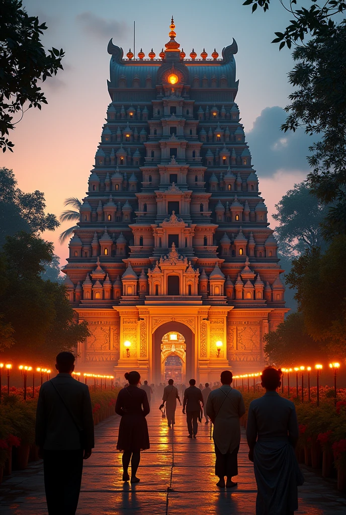 Prompt: A majestic view of the Jagannath Temple in Puri during twilight. The temple is surrounded by lush greenery, with devotees offering prayers. The intricate carvings on the temple's walls are illuminated by the soft glow of lamps. In the background, the silhouette of priests preparing for the ritual can be seen.