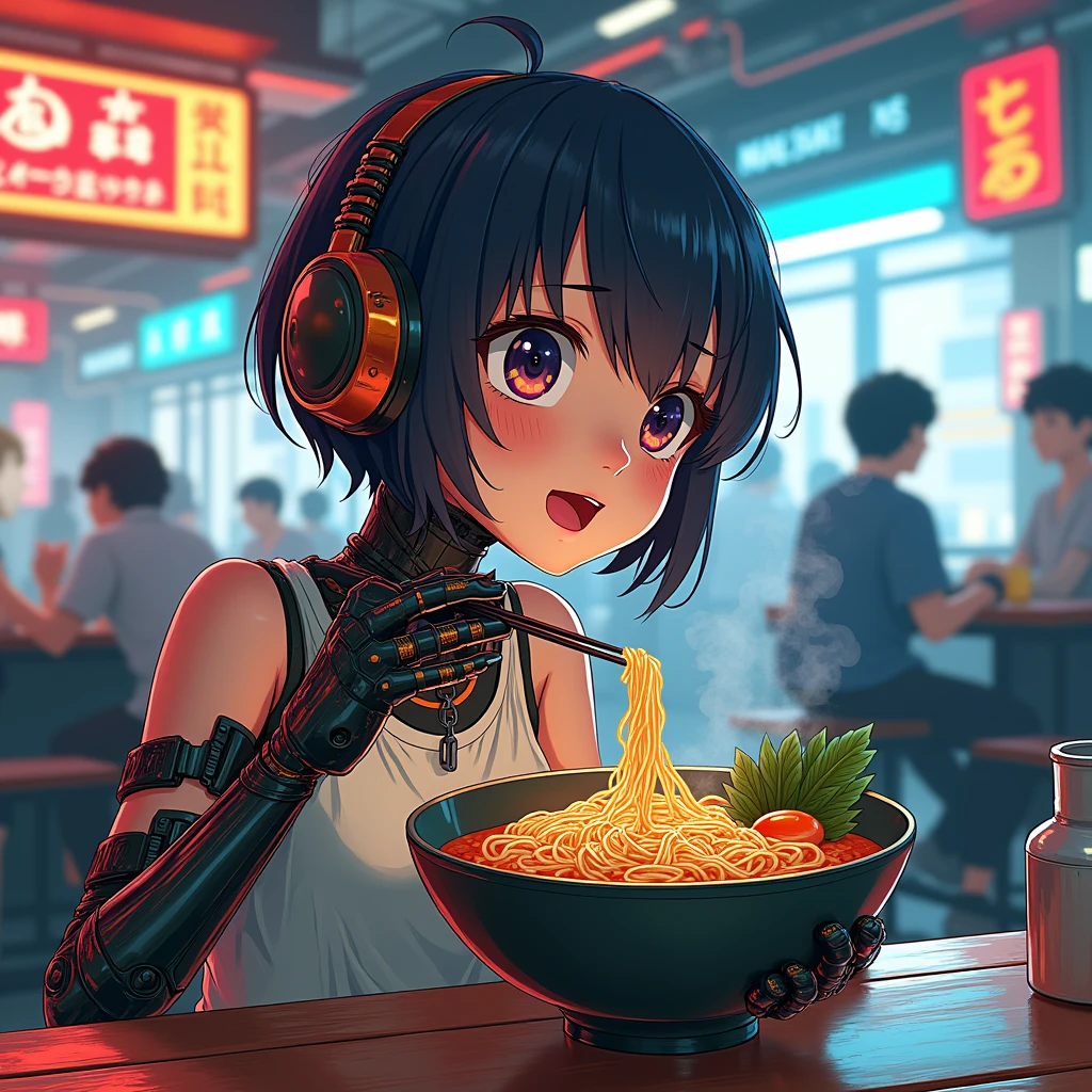 Cyborg anime ghibli girl eating Ramen noodles in cyberpunk cafe Best Quality, shorth hair,