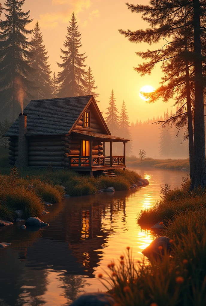 Cabin scene with river at sunset