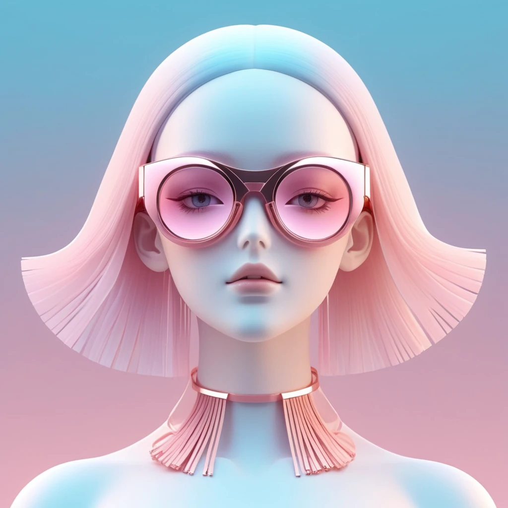 3D illustration of upper body and face of artificial intelligence model wearing futuristic glasses, Stylish glasses with tassels，Gradient background, Pastel color palette, pink blue, Simplicity, Matte plastic surface, Surrealism,