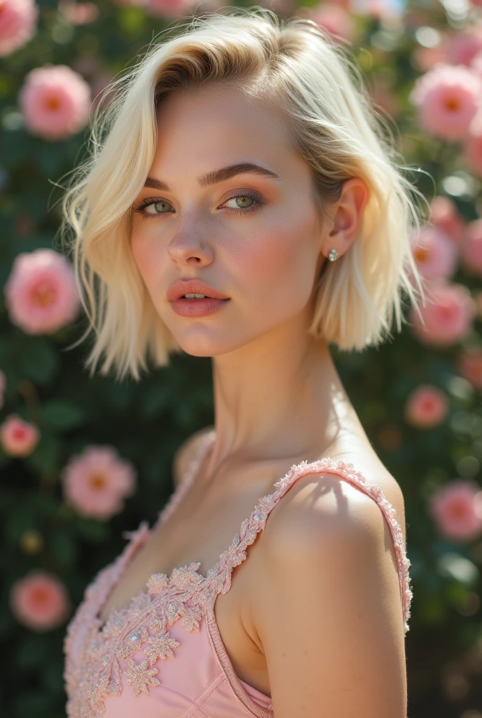 a beautiful young woman, nude, with large breasts, in a light pink rose garden, detailed skin, petals, short blonde hair with colored streaks, 35mm film grain, cinematic, delicate, fujifil
