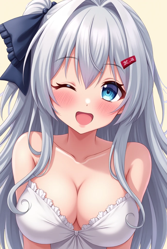 One girl, Blushing, Open your mouth, Gray Hair, Long Hair, Large Breasts, blue eyes, Sticking out tongue, Drooling, Simple Background, ribbon,  anime, naked