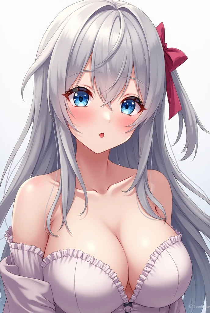 One girl, Blushing, Open your mouth, Gray Hair, Long Hair, Large Breasts, blue eyes, Sticking out tongue, Drooling, Simple Background, ribbon, anime, naked