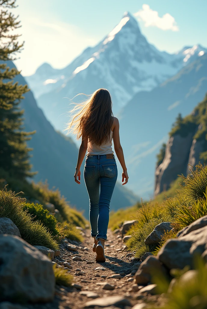 A beautiful  girl backside in jeans trekking in the mountains 