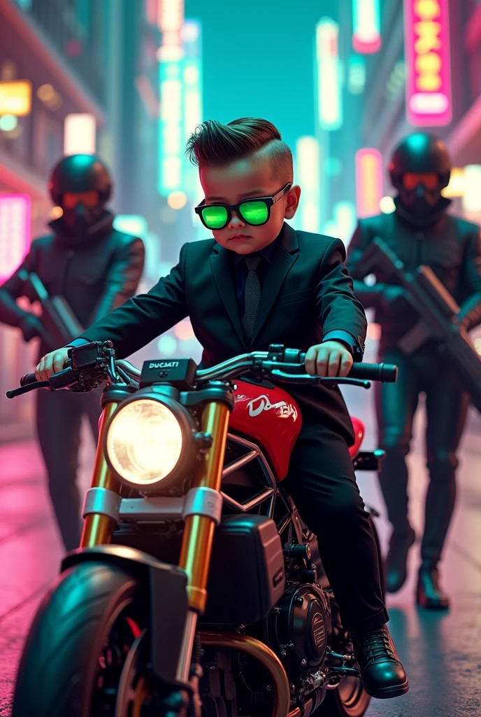 Style hair Baby wearing black suit, green sunglasses,riding Ducati in green neon city